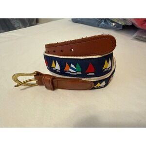 Preston Leather Products Sailboat Ribbon Belt Navy Brown Leather Brass Size 32